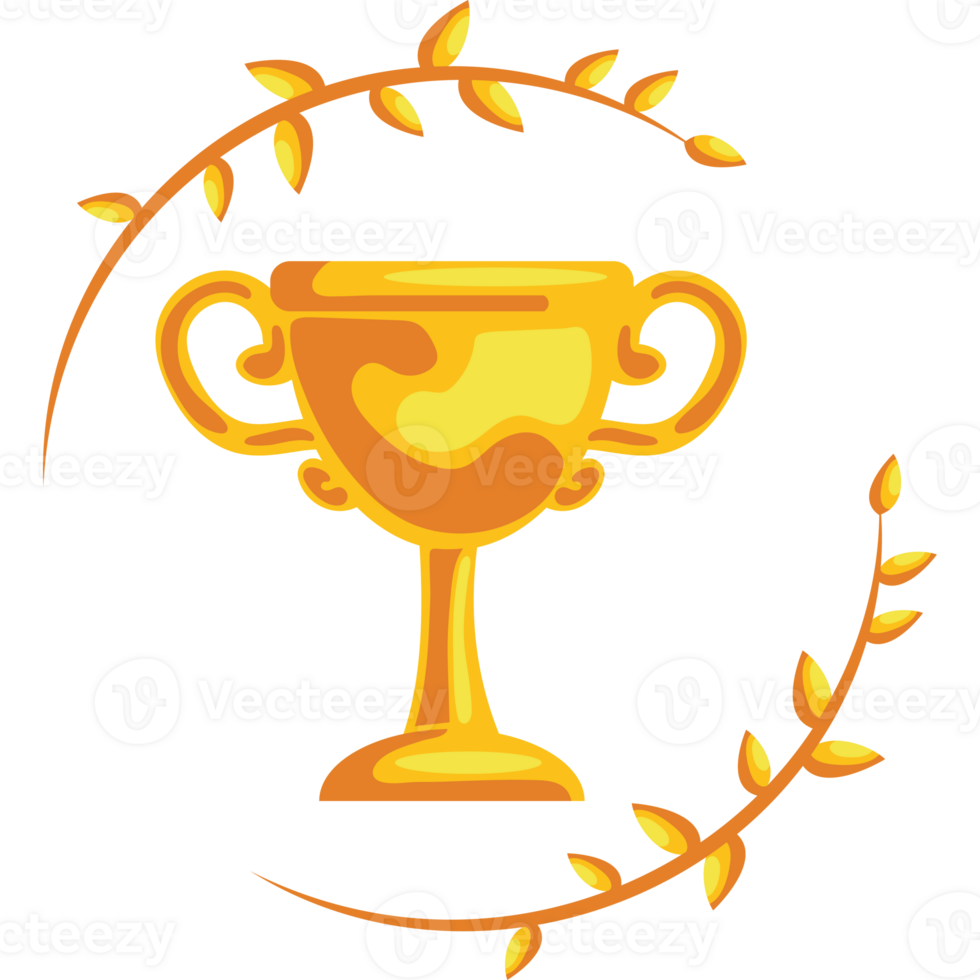 A golden trophy cup with leaves around it png