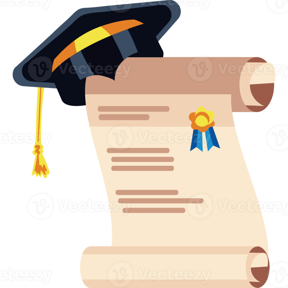 A diploma and a scroll with a cap on it png