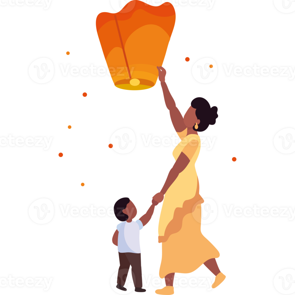 A woman and child holding a paper lantern png