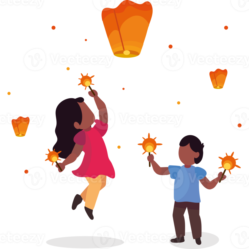 Two children are flying a paper lantern png