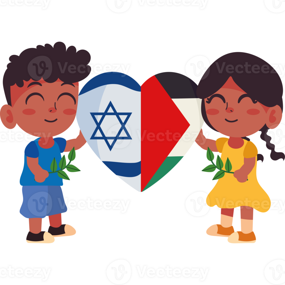 Two kids holding a heart with the flag of israel and the flag of palestine png