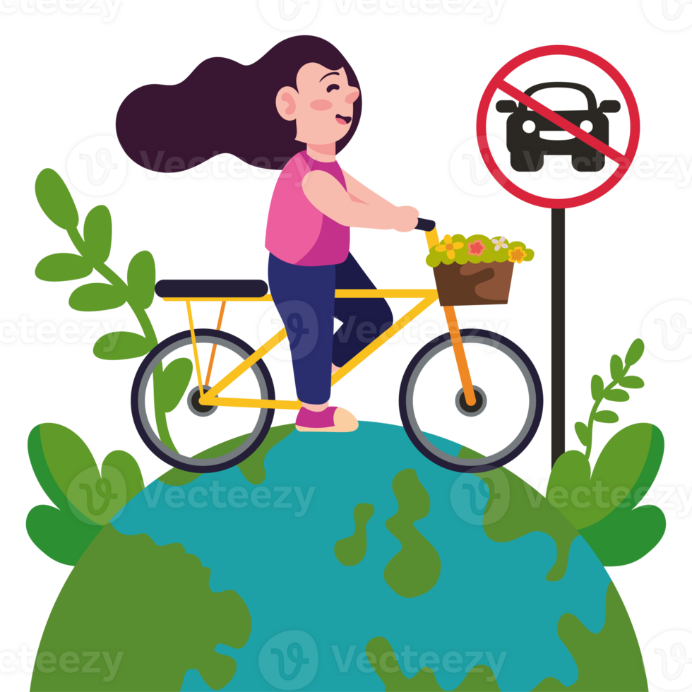 A woman riding a bicycle on top of a globe with a sign that says no flying drones png