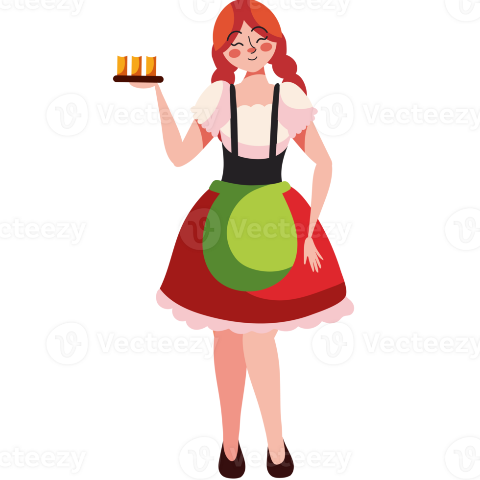 A woman in a traditional bavarian dress holding a tray of beer png