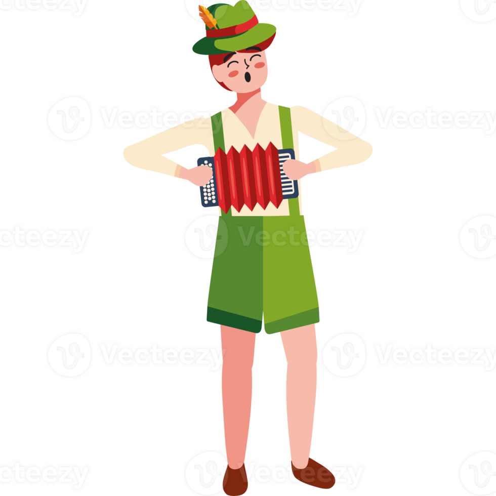 A man in a green hat and green dress is playing an accordion png