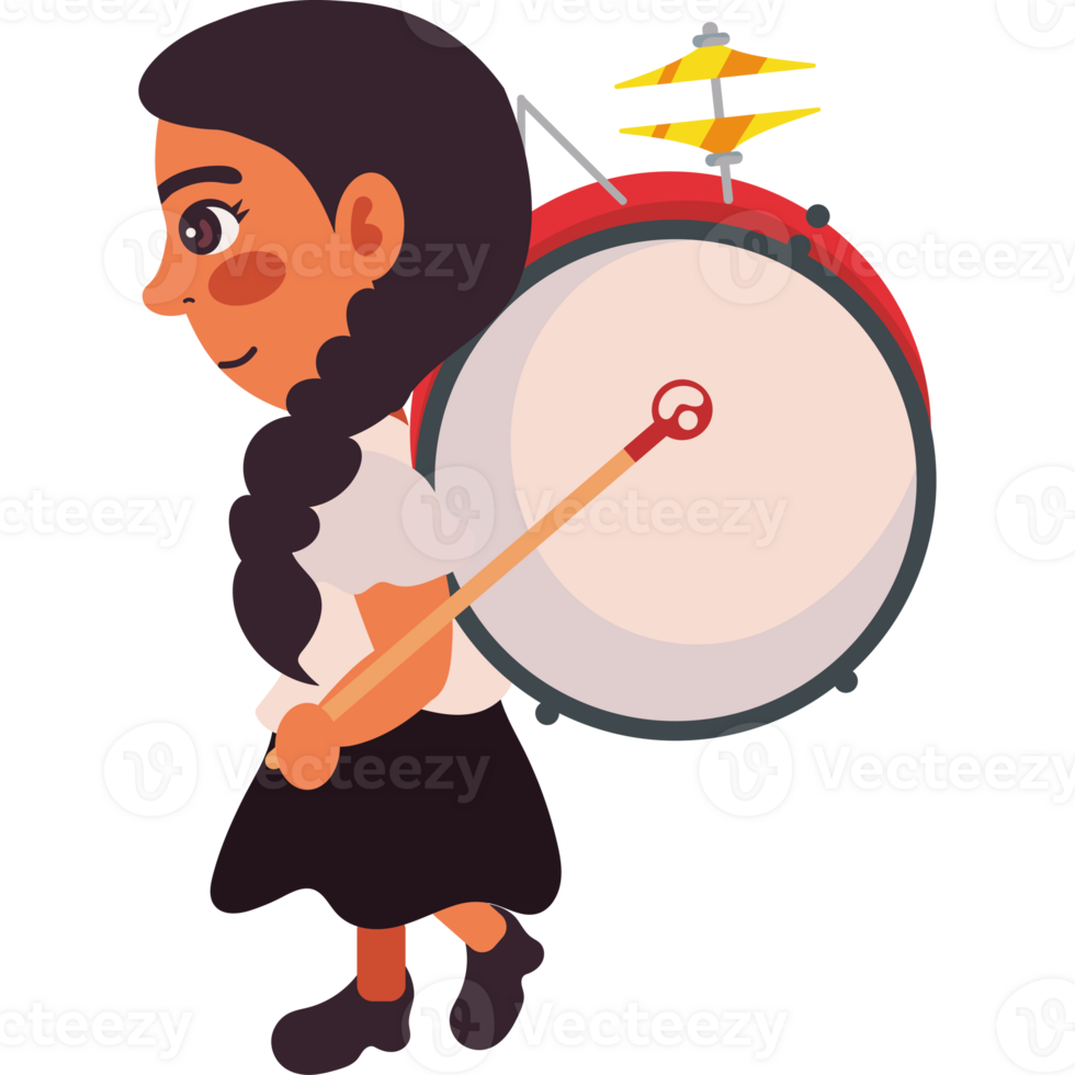 Cartoon girl with drum and drumsticks png