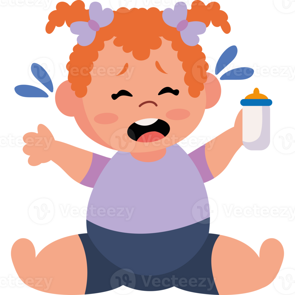 A cartoon baby crying and holding a bottle png