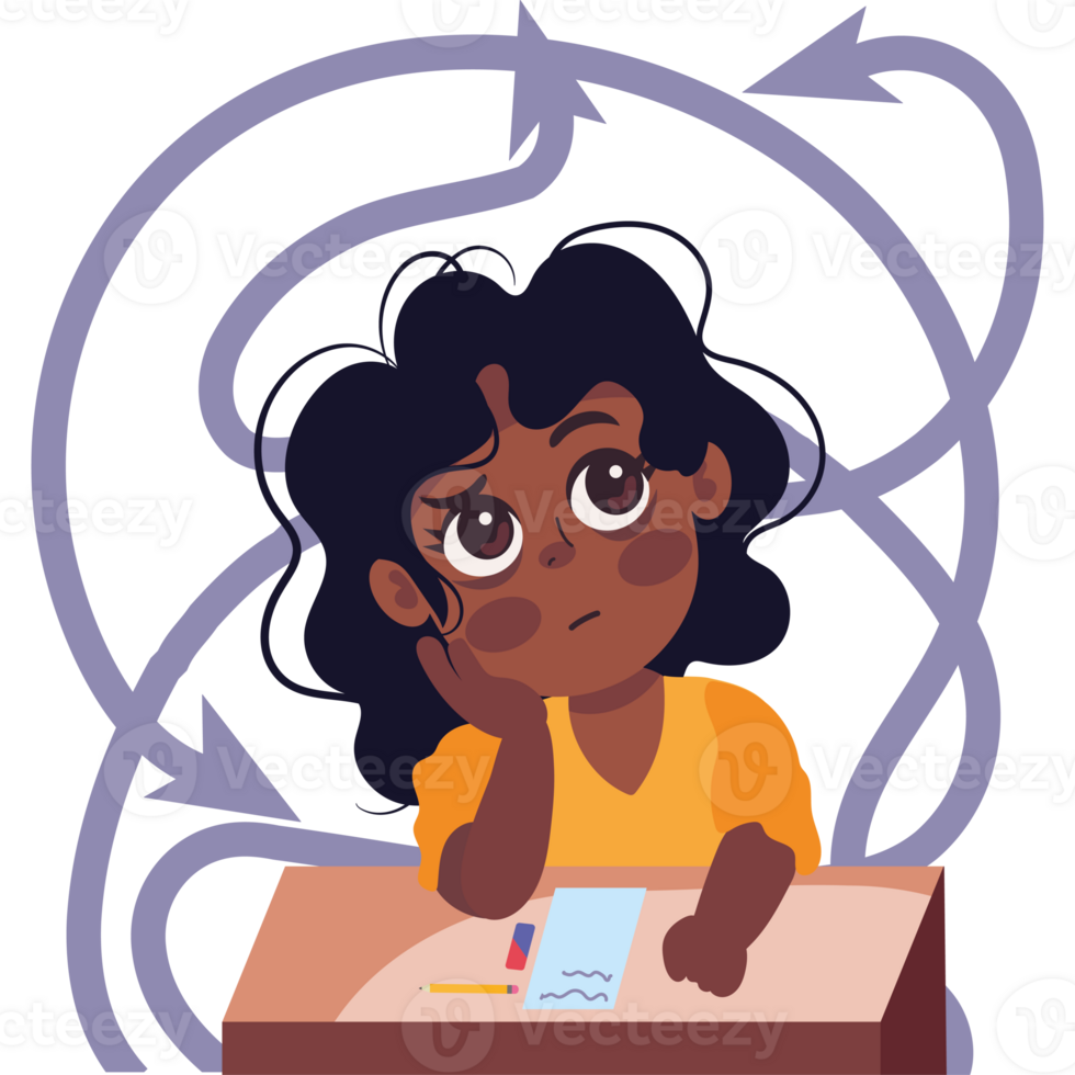 An illustration of a girl sitting at a desk with a pen and paper png