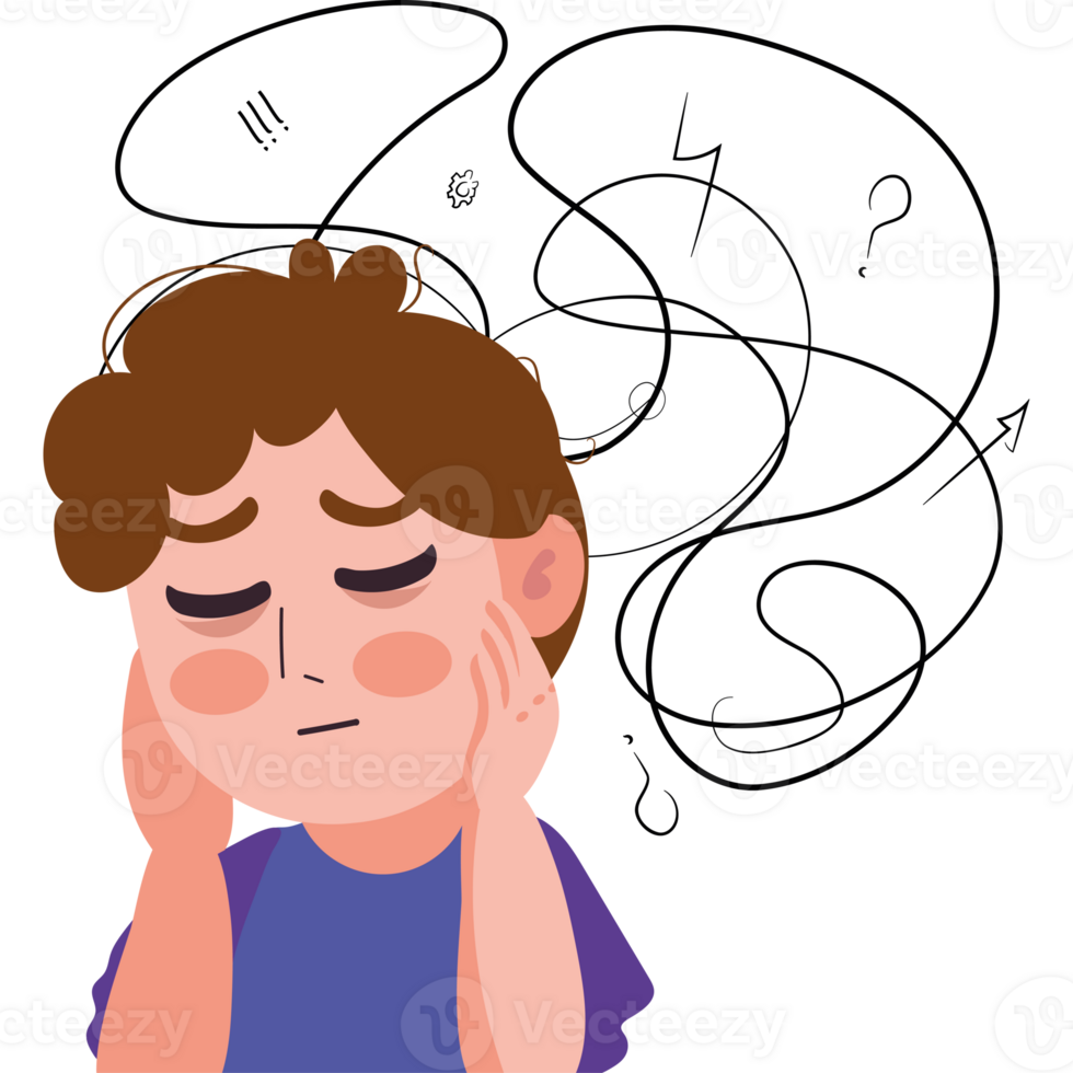 A boy is holding his head and looking at his hands png