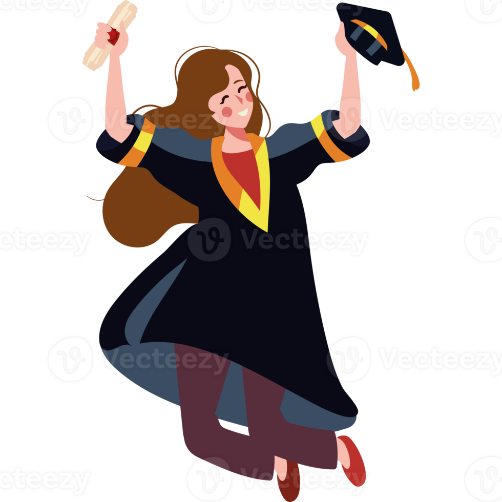 A girl in a graduation gown is jumping up in the air png