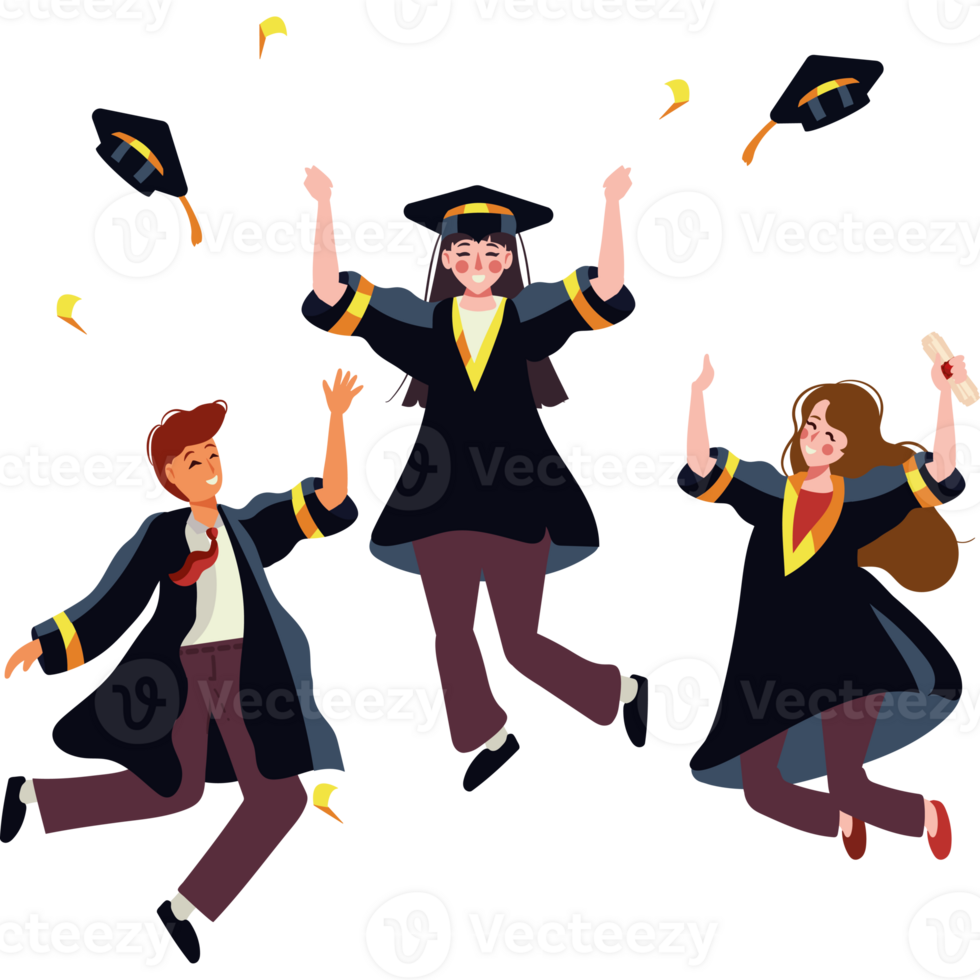 Three people in graduation gowns jumping in the air png