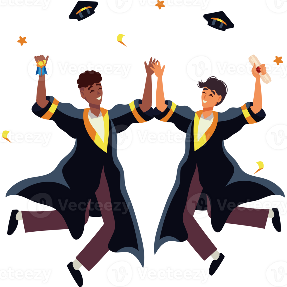 Two men in graduation gowns jumping in the air png
