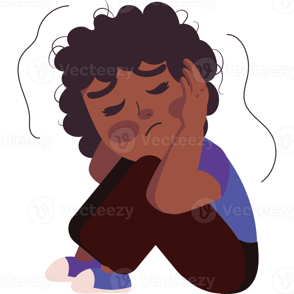 A cartoon boy sitting on the floor with his head in his hands png