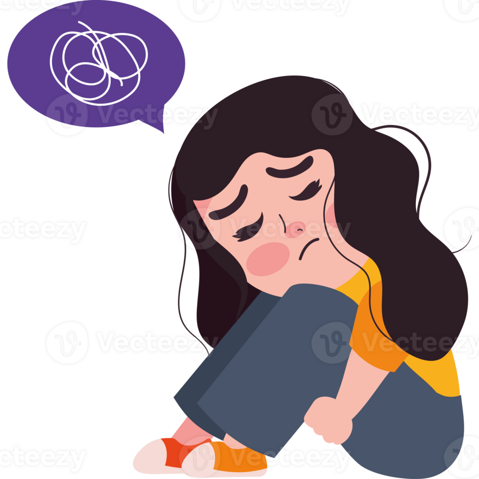 A cartoon girl sitting on the floor with a speech bubble above her head png