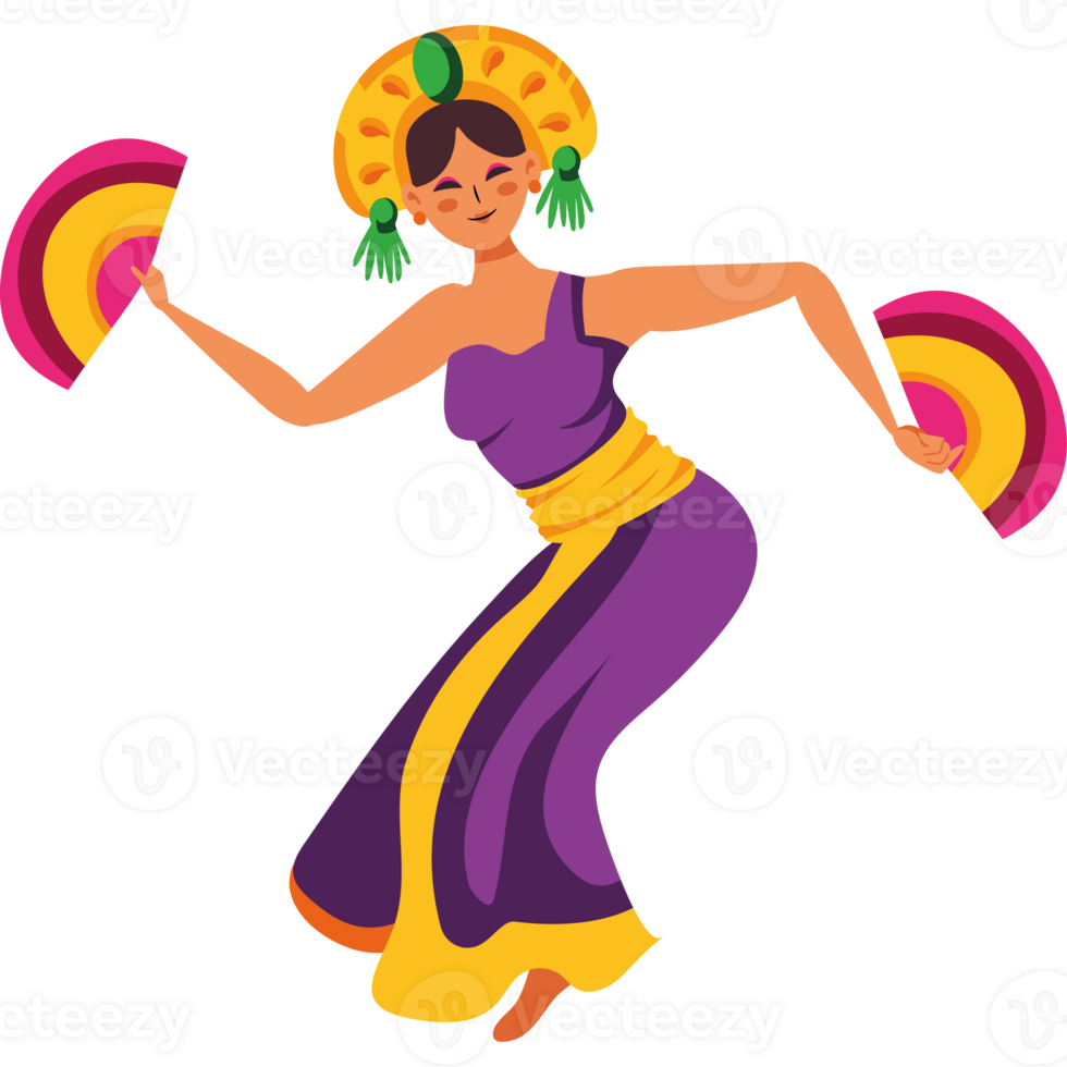 A woman in a colorful dress dancing with a fan png