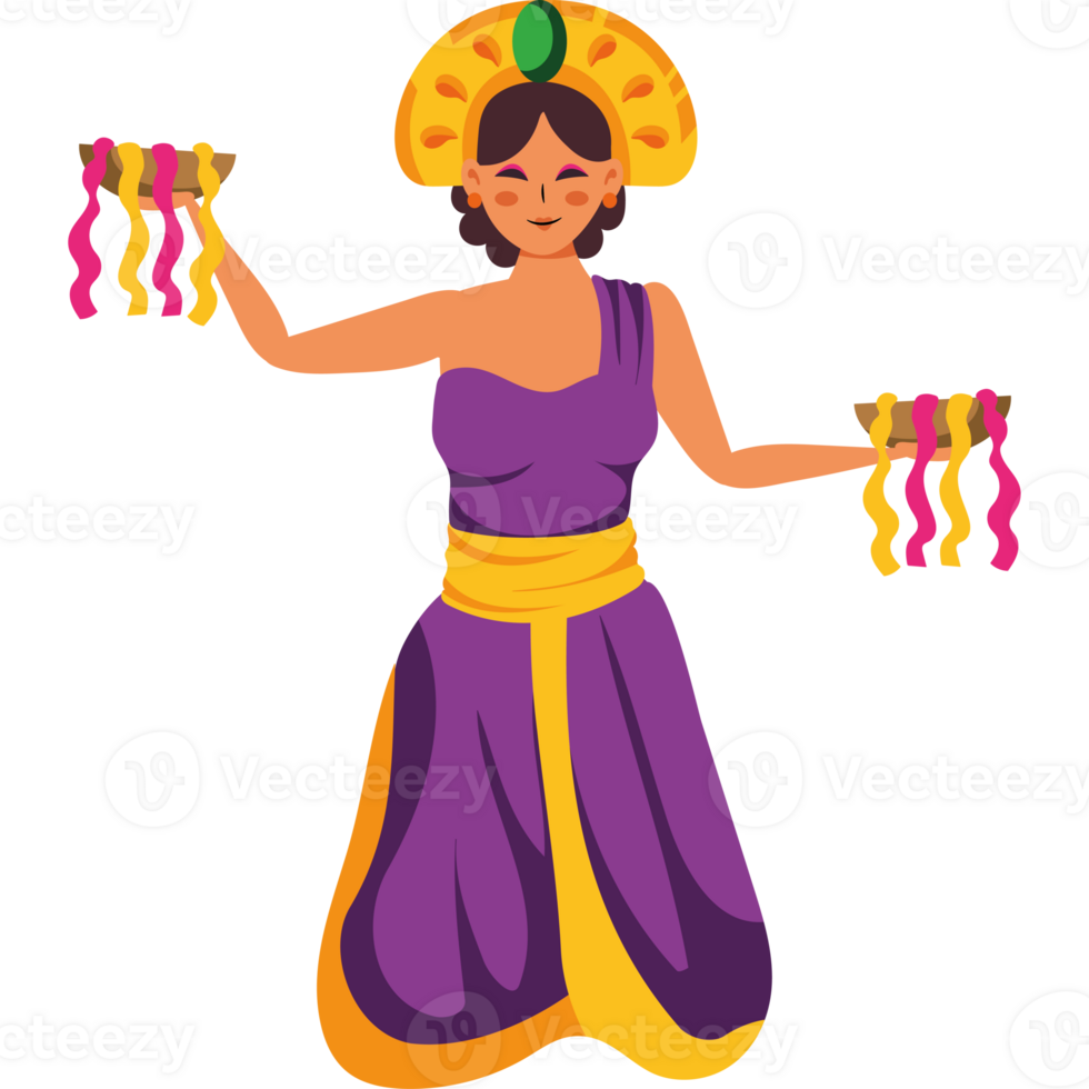 A woman in a purple dress holding up a bunch of colorful ribbons png