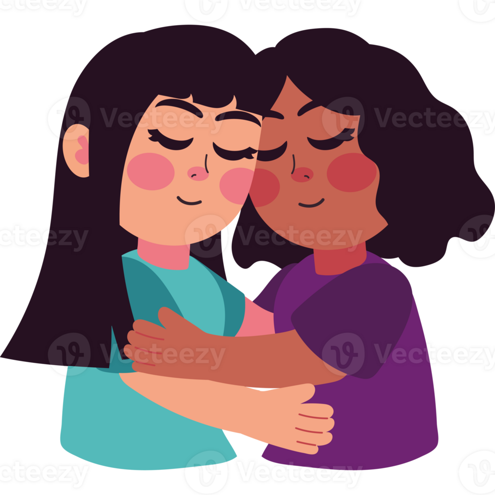 Two women hugging each other in a cartoon style png