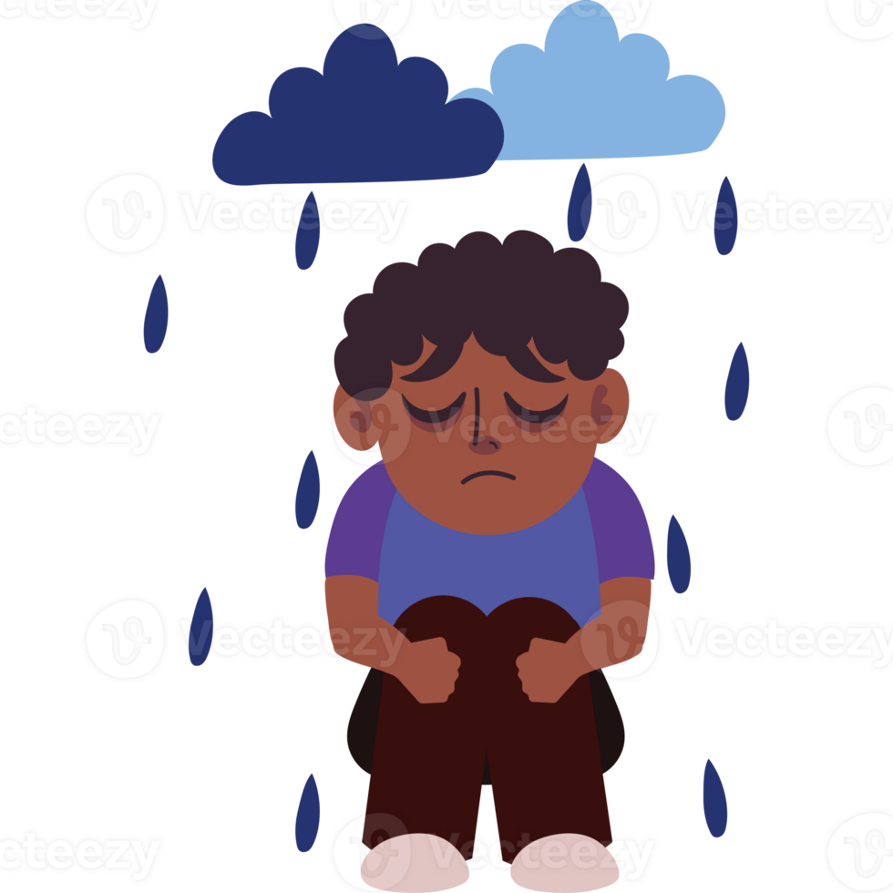 A boy sitting in the rain with clouds above him png