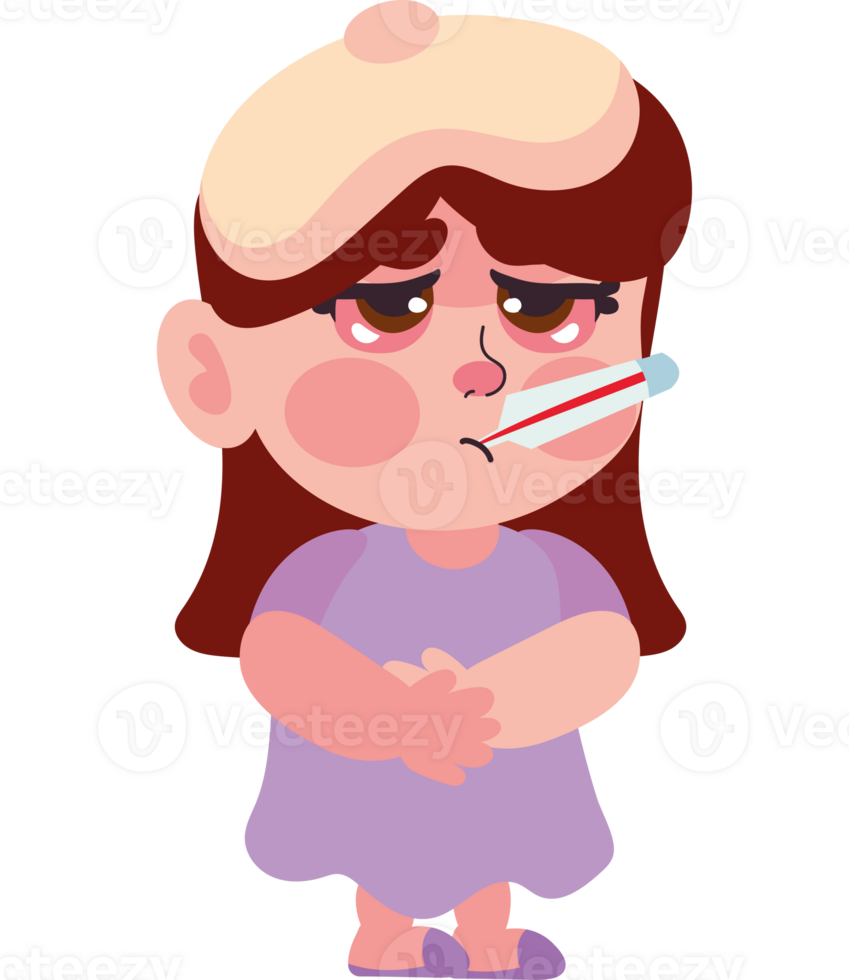 A cartoon girl with a thermometer in her mouth png