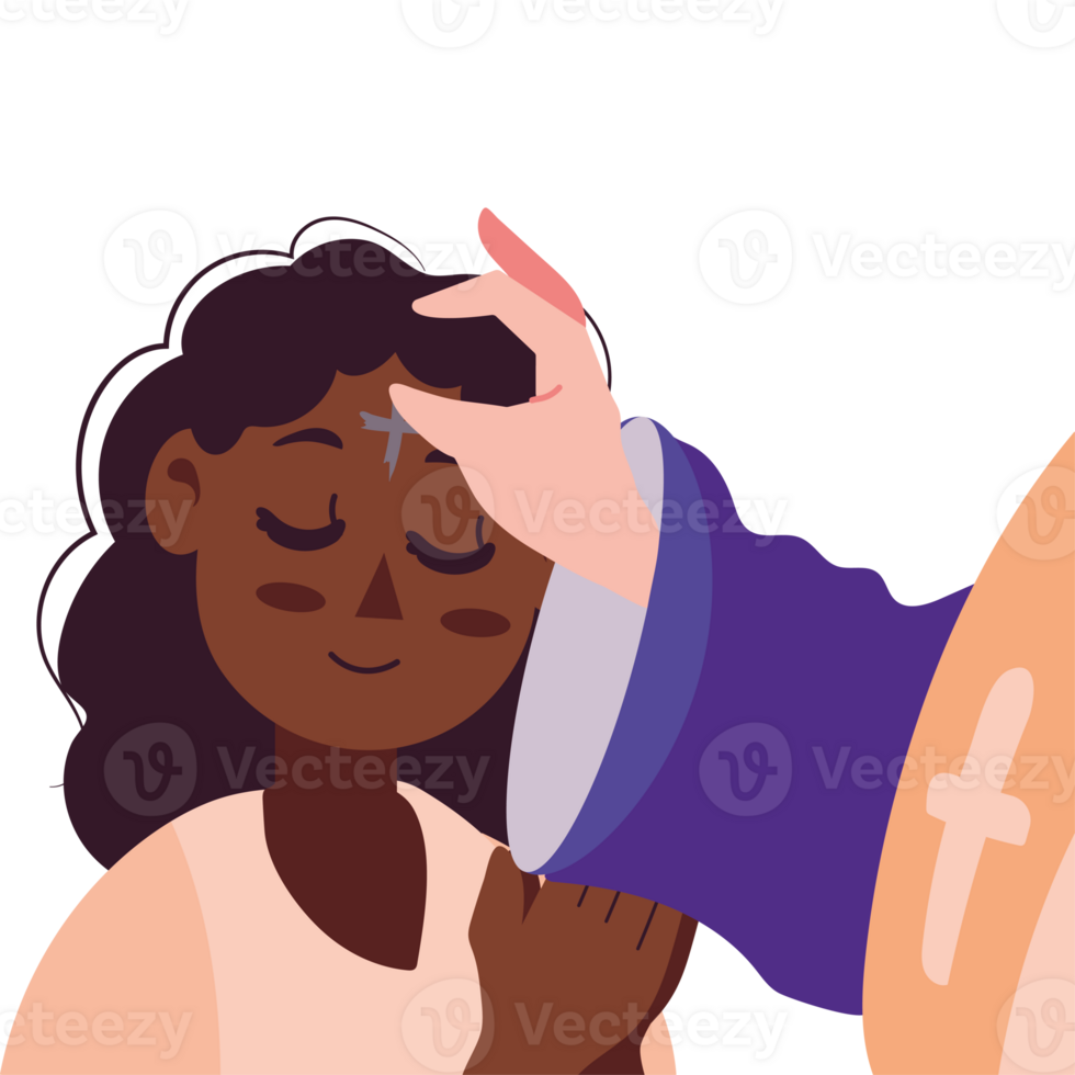 A cartoon illustration of a person putting a cross on a girl's forehead png