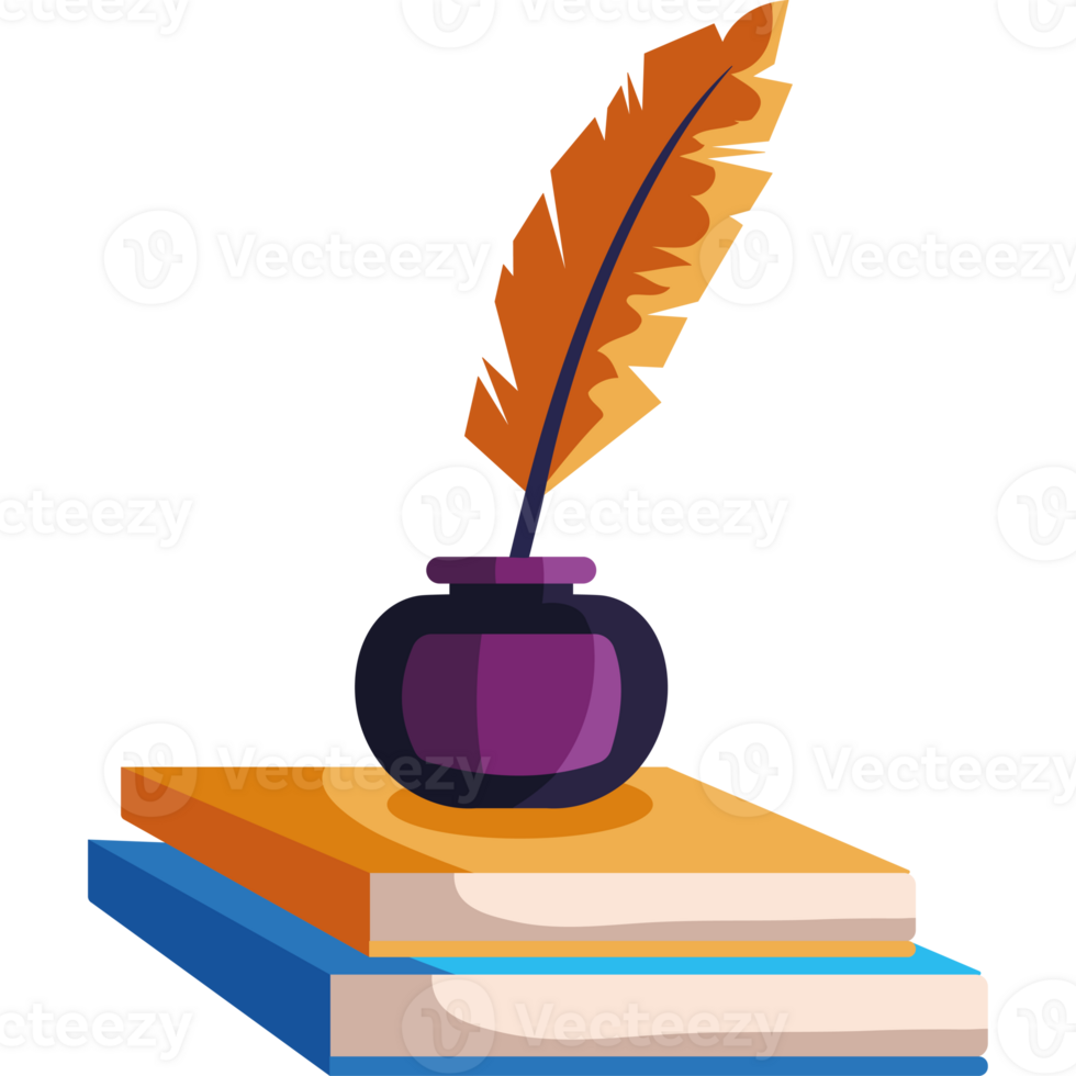 A feather quill and books on a table png