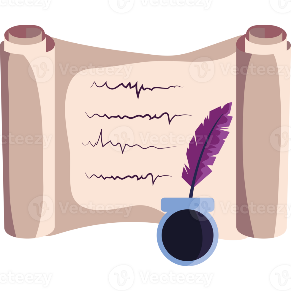 A scroll with a feather and ink pen png