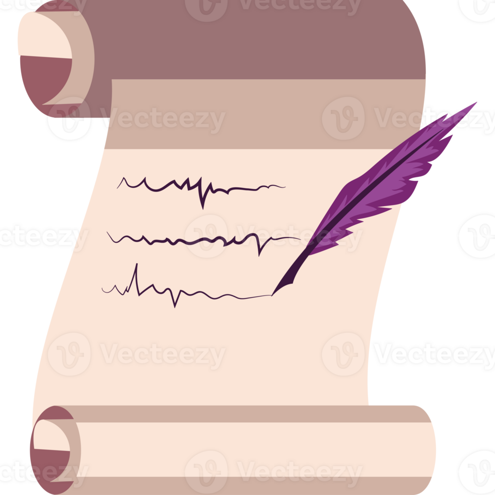 A scroll with a feather and a pen on it png