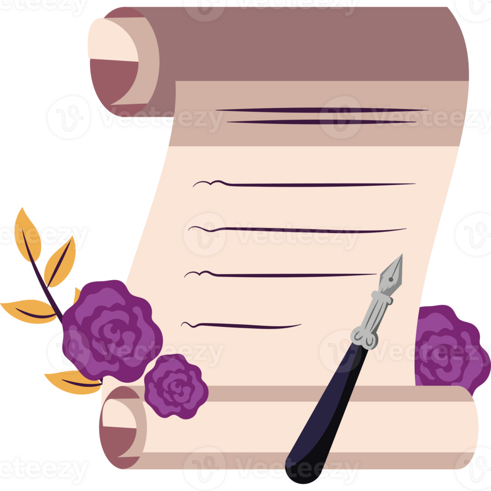 A scroll with a pen and flowers on it png