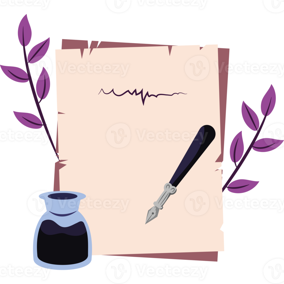 A pen and ink on a piece of paper with a purple flower png