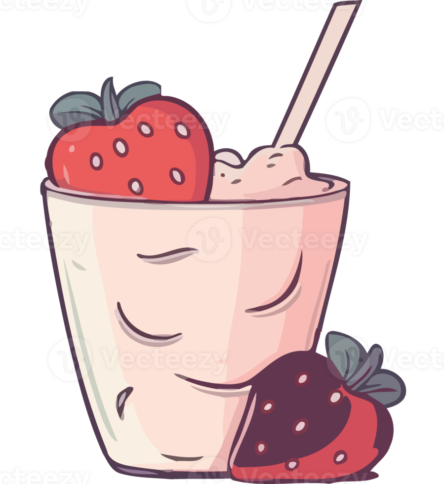 A strawberry milkshake with strawberries and a straw png