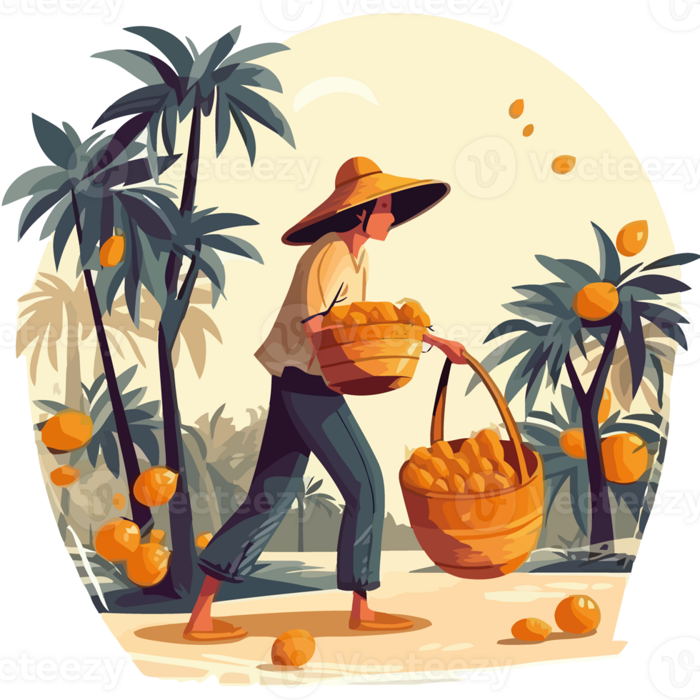 A man carrying baskets of oranges in the jungle png