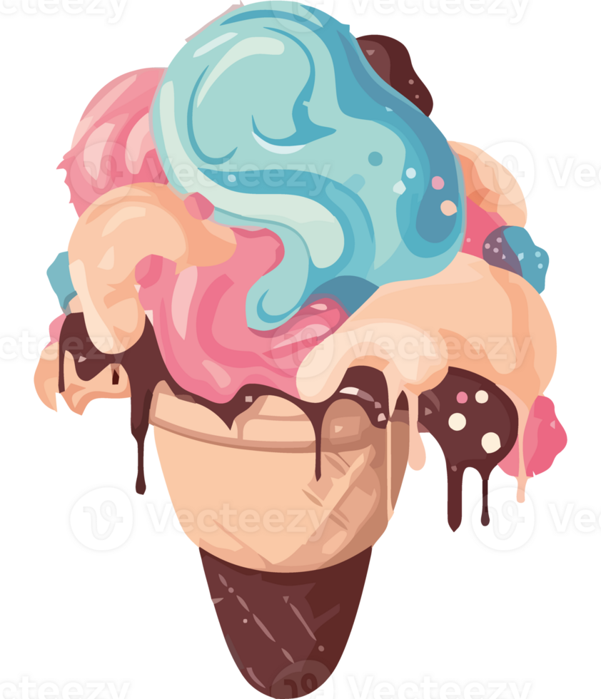 Ice cream cone with chocolate and blue and pink ice cream png