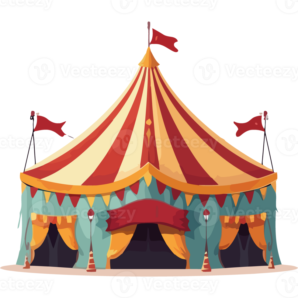 A cartoon circus tent with a red and yellow flag png