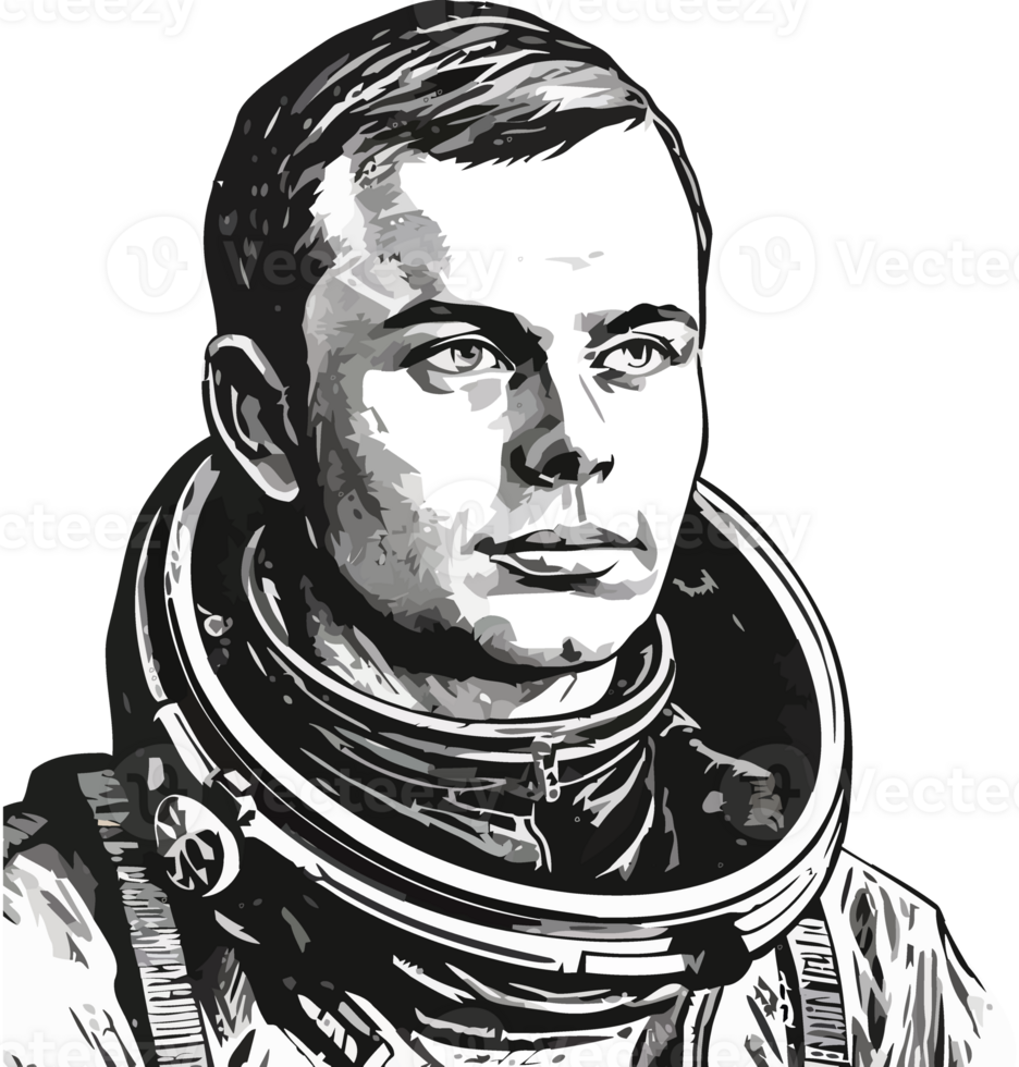 A black and white drawing of a man in an astronaut suit png