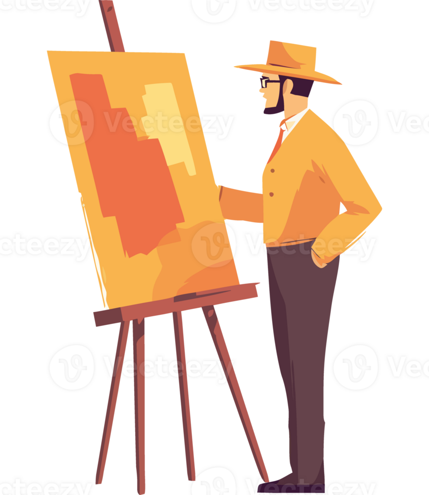 An illustration of a man in a hat standing next to an easel png