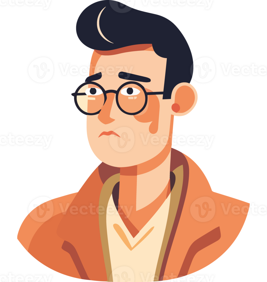A cartoon man with glasses and a brown jacket png