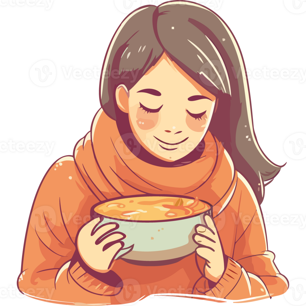 A woman is holding a bowl of soup png