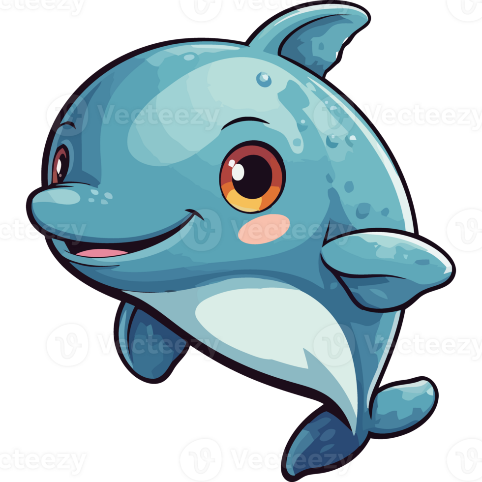 A cartoon dolphin with big eyes and a smile png