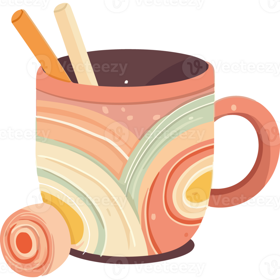 A cup of hot chocolate with a spoon and a cinnamon stick png