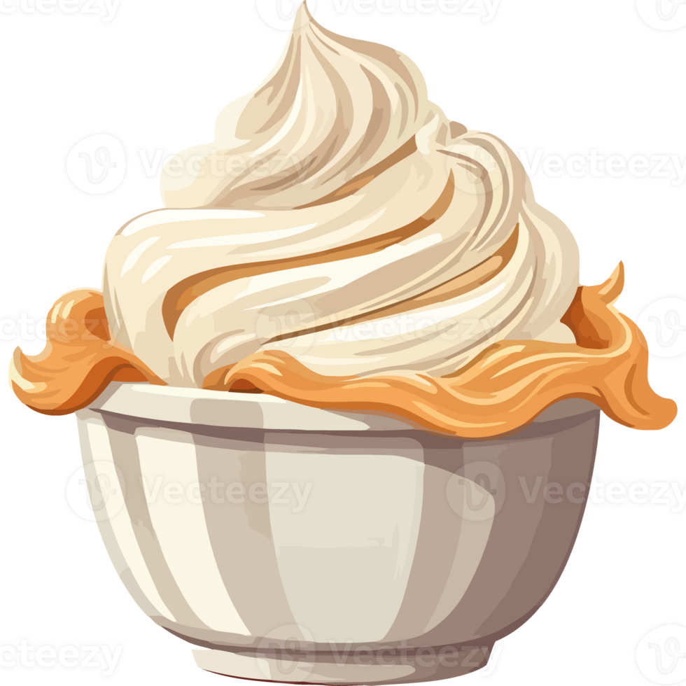A bowl of whipped cream with a spoon png