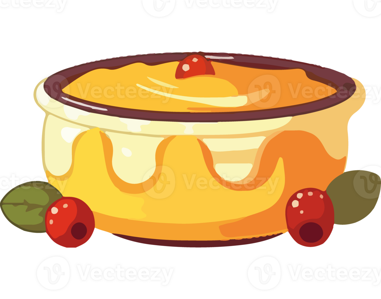 A yellow pudding with berries and cherries png