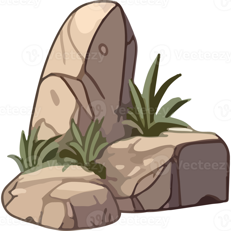 A cartoon rock with plants and grass png