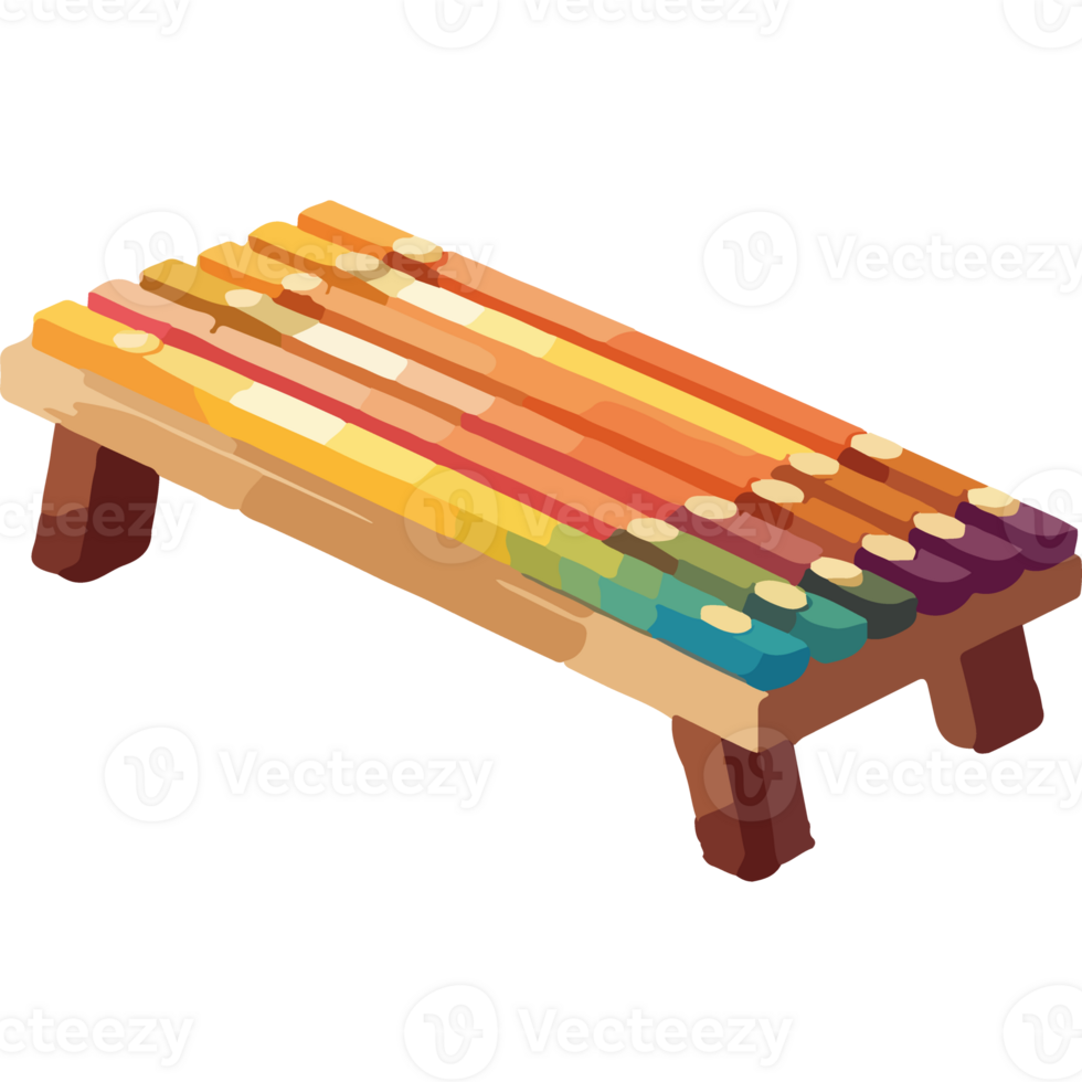 A wooden bench with colorful pencils on it png
