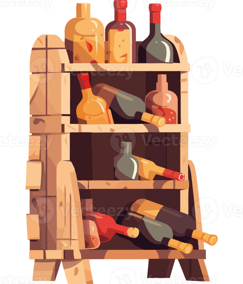 A wooden shelf with bottles and bottles on it png