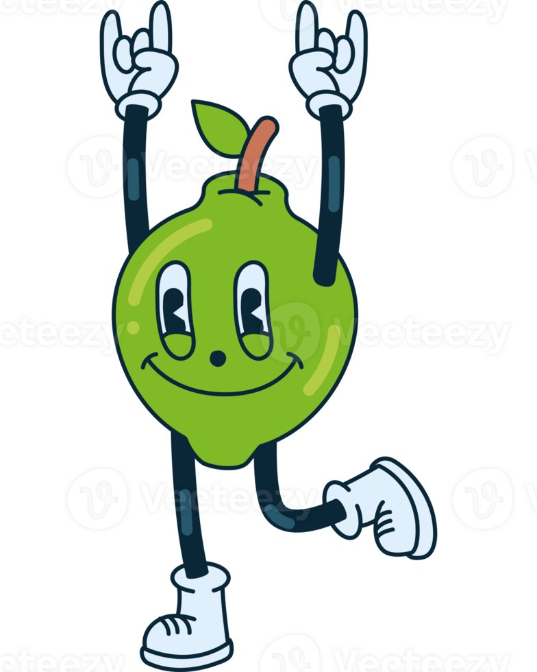 A cartoon green apple character with arms up and legs crossed png