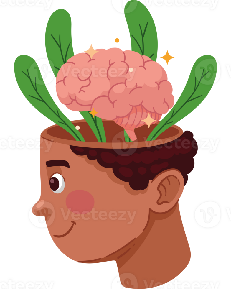 A cartoon boy with a brain and plants growing out of his head png