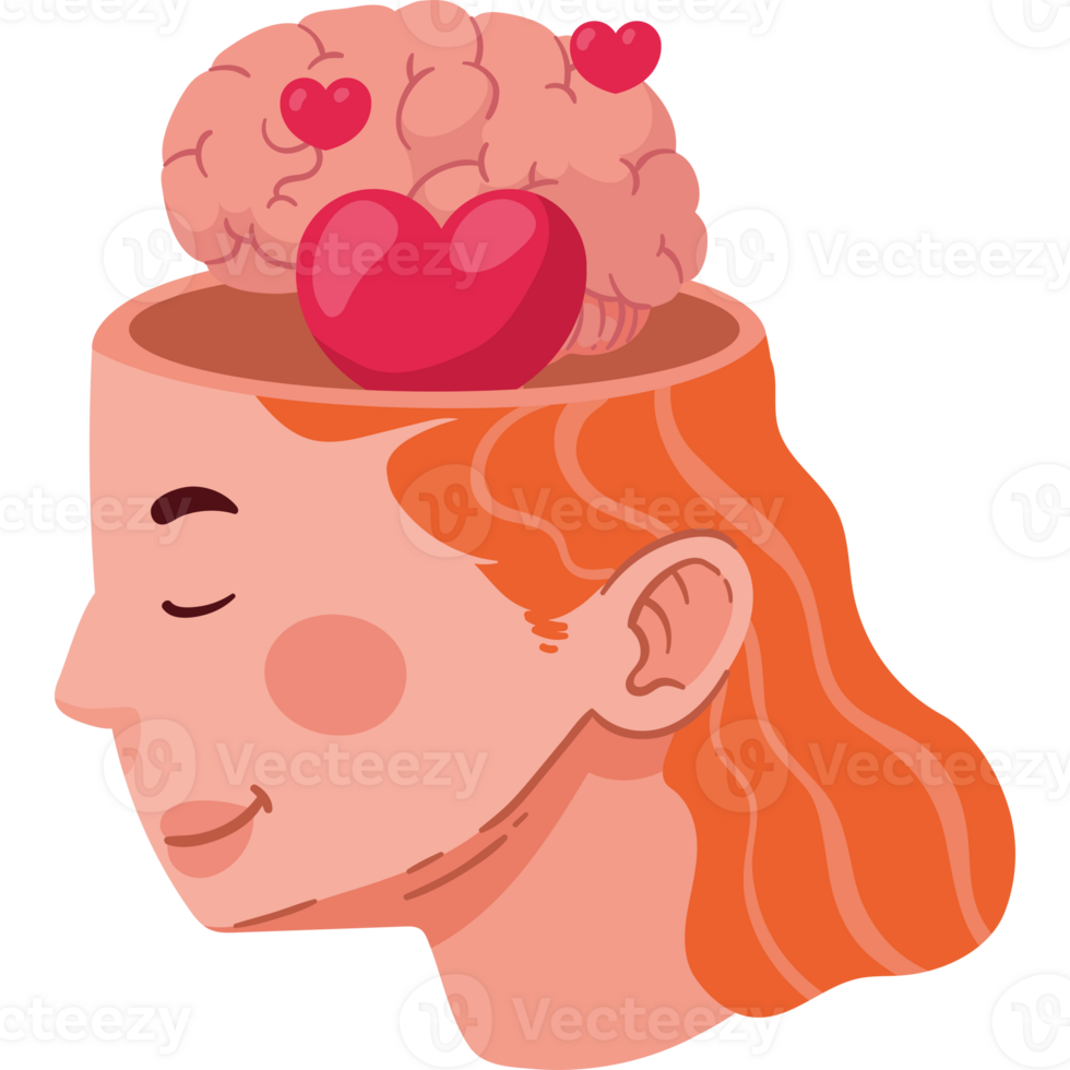 A woman with her head in the shape of a brain and hearts in her hair png