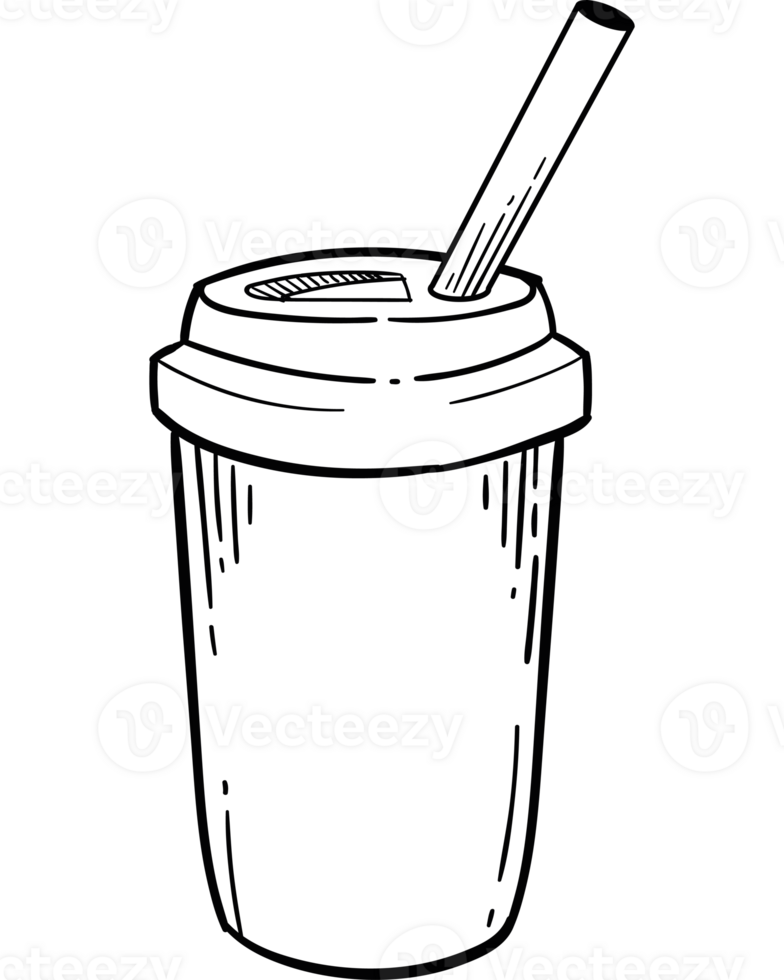 A black and white drawing of a cup with a straw png