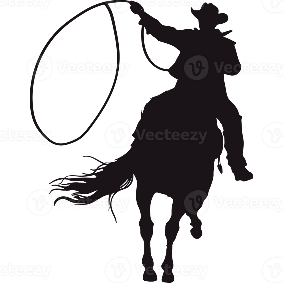 A silhouette of a cowboy riding a horse with a lasset png