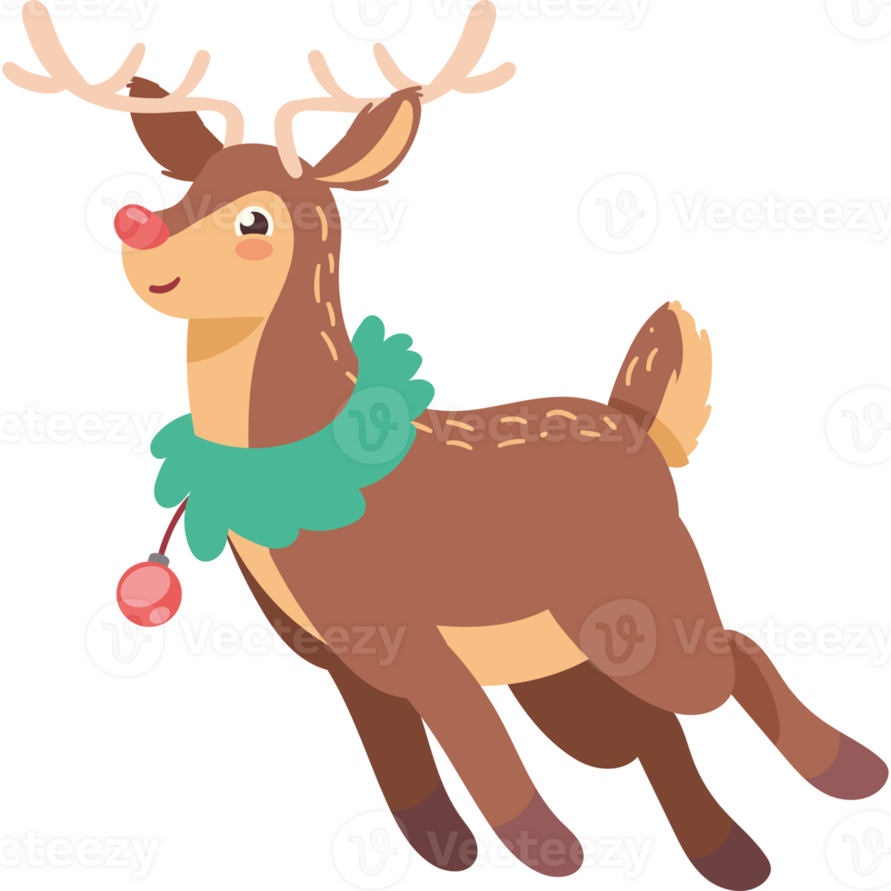A cartoon reindeer with a green scarf and a red bow png