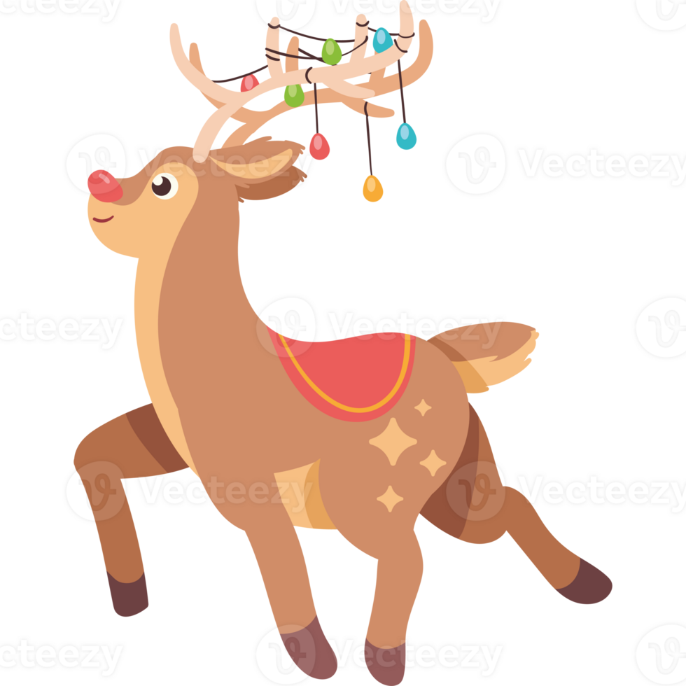 A cartoon reindeer with a christmas hat on its head png